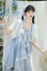Blue [Clouds Resting in the Wilderness] Print Ruffle Embroidery Bowknot Lace Irregular Lolita Jsk Dress - Product - 2