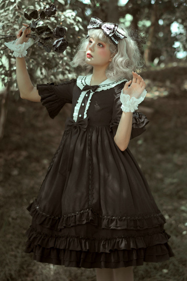 Black Short Sleeves High Waisted Bowknot Ruffled Multi-Layer Gothic Lolita Op Dress - Product - 2
