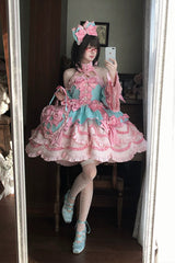 Pink/Green [Sweetheart Petals] Halterneck Sleeveless Multi-Layered Jacquard Ruffled Bow Pearl Detail Sweet Lolita Jsk Dress - Product - 8