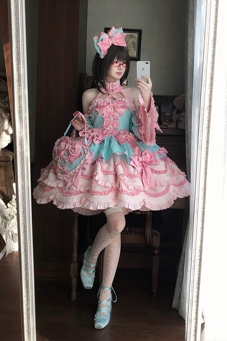 Pink/Green [Sweetheart Petals] Halterneck Sleeveless Multi-Layered Jacquard Ruffled Bow Pearl Detail Sweet Lolita Jsk Dress - Product - 8