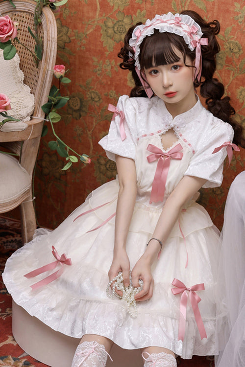 Stand Collar One Button Bubble Short Sleeve Lace Hem Sweet Lolita Dress - Product - 2