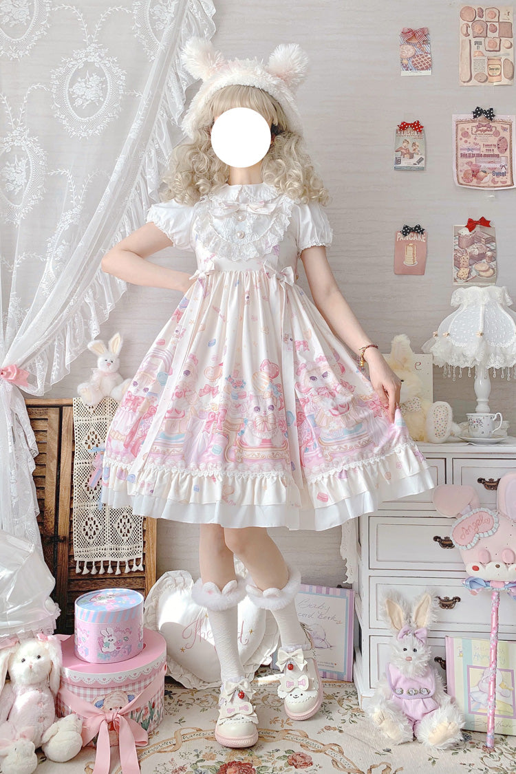 Ivory Cute Cat Print High Waisted Ruffle Bowknot Sweet Princess Lolita JSK Dress - Product - 9