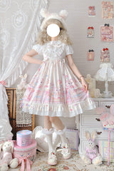 Ivory Cute Cat Print High Waisted Ruffle Bowknot Sweet Princess Lolita JSK Dress - Product - 9