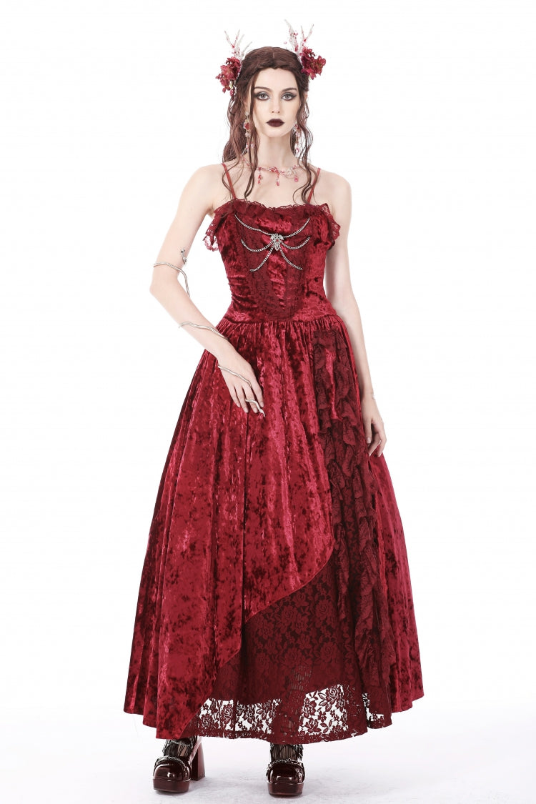Red Sleeveless Spliced Lace Chain-Decorated Women's Gothic Velvet Slip Maxi Dress - Red - 1
