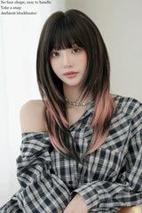 Black/Pink Ombre Fluffy High-Layered Long Straight Wig with Air Bangs - Product - 5
