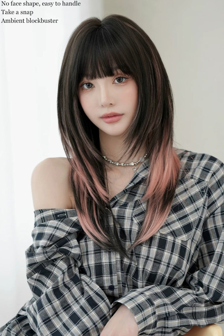 Black/Pink Ombre Fluffy High-Layered Long Straight Wig with Air Bangs - Product - 5