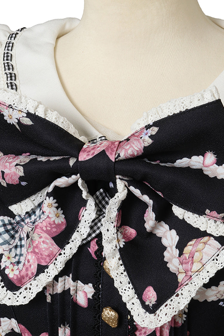 Black [Creamy Berry] Print Short Puff Sleeves Ruffle Bowknot Lace-Up Sweet Jirai Kei Japanese Dress - Product - 6