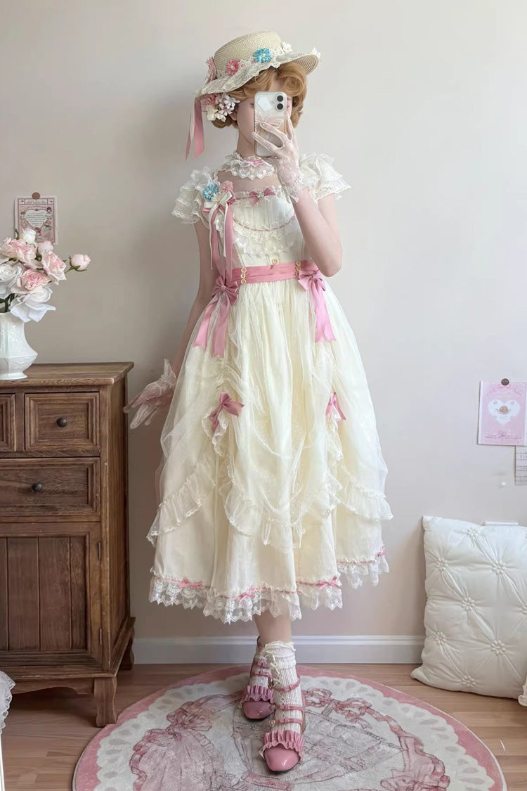 Yellow [Sakura’s Spring Resonance] Sleeveless Ruffled Bow Sweet Lolita Jsk Dress (Long Version) - Product - 5