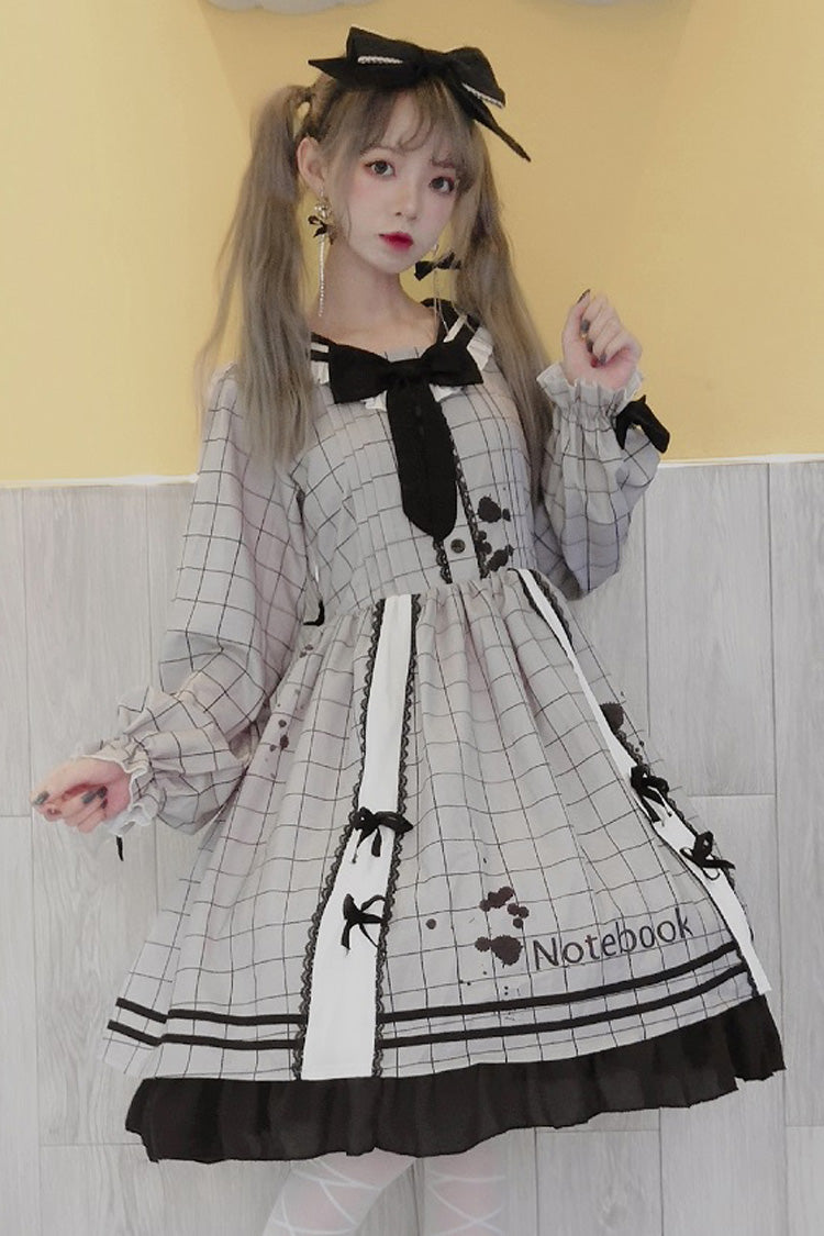 Grey College Style Navy Collar Plaid Leaking Ink Pen Print Ruffled Sweet Lolita Op Dress - Product - 4