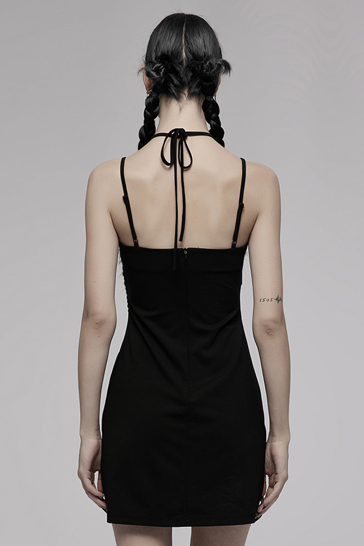 Black Knitted Stretch Hollow-Carved Design Drawstring Bodycon Shoulder Strap Halter Neck Women's Punk Dress - Product - 3