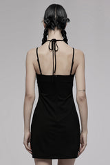 Black Knitted Stretch Hollow-Carved Design Drawstring Bodycon Shoulder Strap Halter Neck Women's Punk Dress - Product - 3