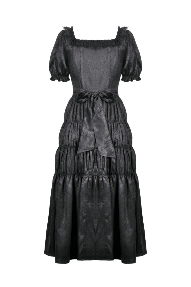 Black Lace Square Collar Short Puff Sleeves Lace-Up Ruched Women's Gothic Wedding Dress - Product - 11