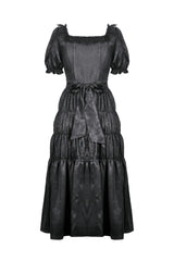 Black Lace Square Collar Short Puff Sleeves Lace-Up Ruched Women's Gothic Wedding Dress - Product - 11