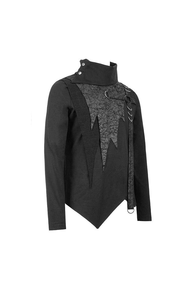 Black Worn Out Cross Shaped Hasp High Collar Asymmetric Hem Men's Punk T-Shirt - Product - 7
