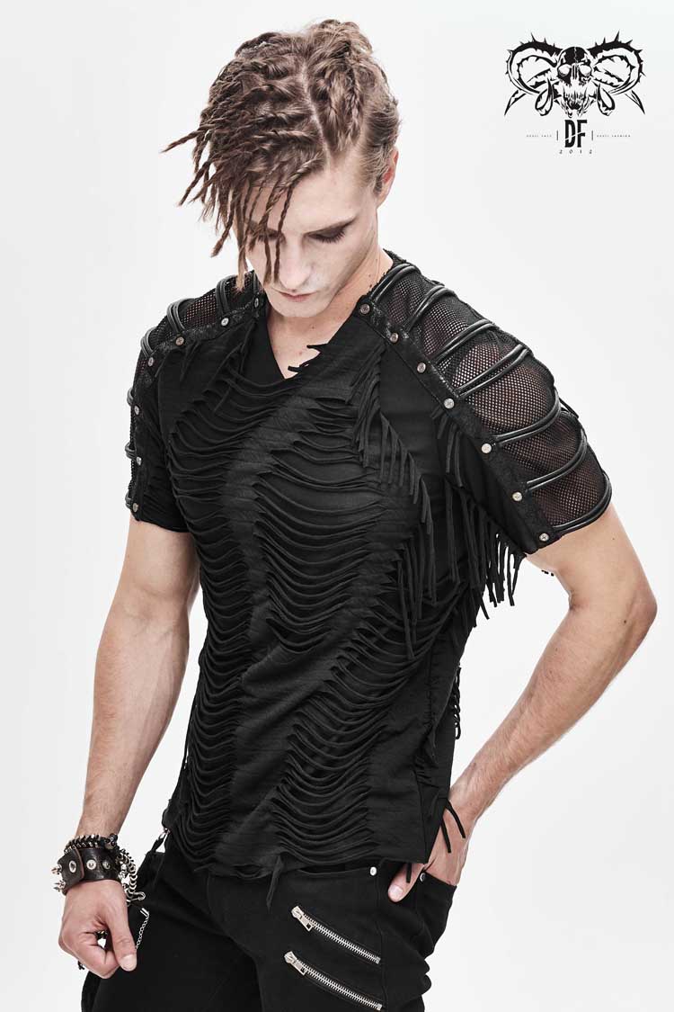 Black Tattered Striped Shoulder Splice Mesh Short Sleeve Men's Punk T-Shirt - Product - 3