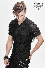 Black Tattered Striped Shoulder Splice Mesh Short Sleeve Men's Punk T-Shirt - Product - 3