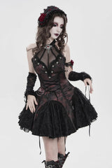 Black/Red Off Shoulder Sleeveless Printed Spliced Lace Lace-Up Pleated Women's Gothic Dress - Product - 10