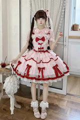 Red/Pink [Scarlet Heart Cocoa] Sleeveless Triple-Layered Ruffle Embroidery Bowknot Lace Sweet Lolita Jsk Dress - Product - 5