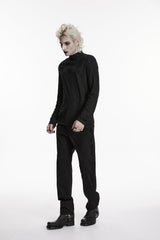 Black High Collar Long Sleeves Jacquard Spliced Slim Men's Gothic Top - Product - 6