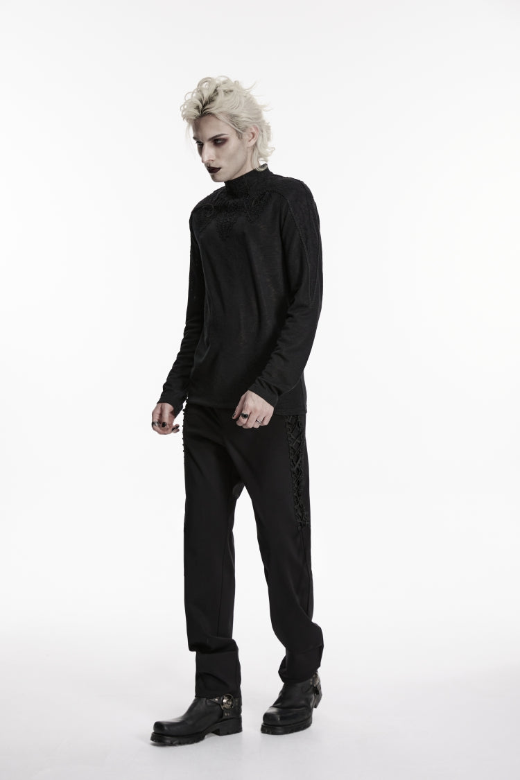 Black High Collar Long Sleeves Jacquard Spliced Slim Men's Gothic Top - Product - 6