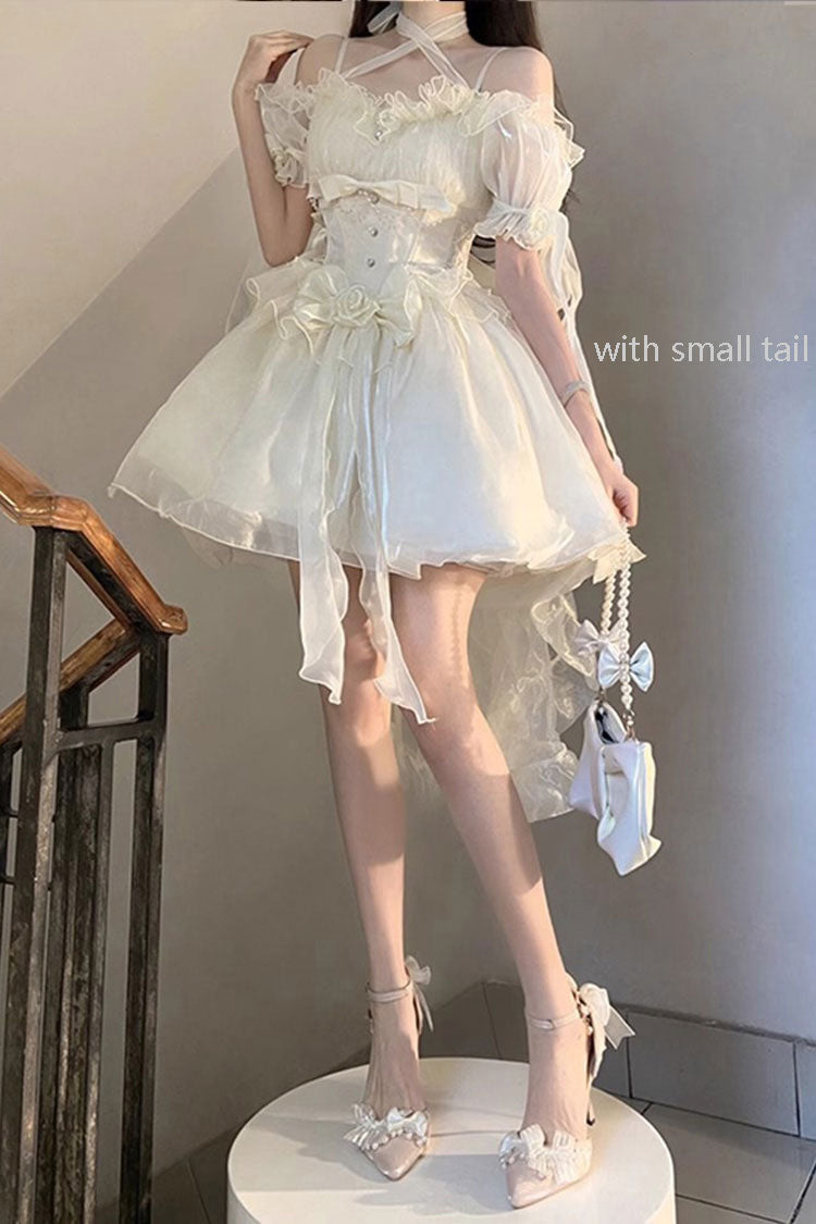 Ivory Midsummer Dream Short Sleeves Ruffle Hanayome Off-The-Shoulder Gothic Short Lolita Dress - Product - 5