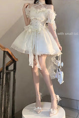 Ivory Midsummer Dream Short Sleeves Ruffle Hanayome Off-The-Shoulder Gothic Short Lolita Dress - Product - 5