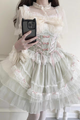 Light Green Camellia Decoration Bowknot Lace-Up Sweet Lolita Jsk Dress - Product - 5