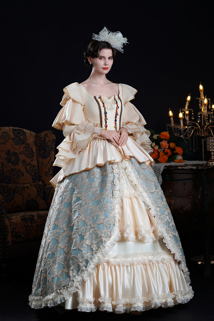 Blue/Champagne Half Trumpet Sleeves Ruffle Embroidery Cardigan Lace Classic Princess Palace Lolita Victorian Dress - Product - 3