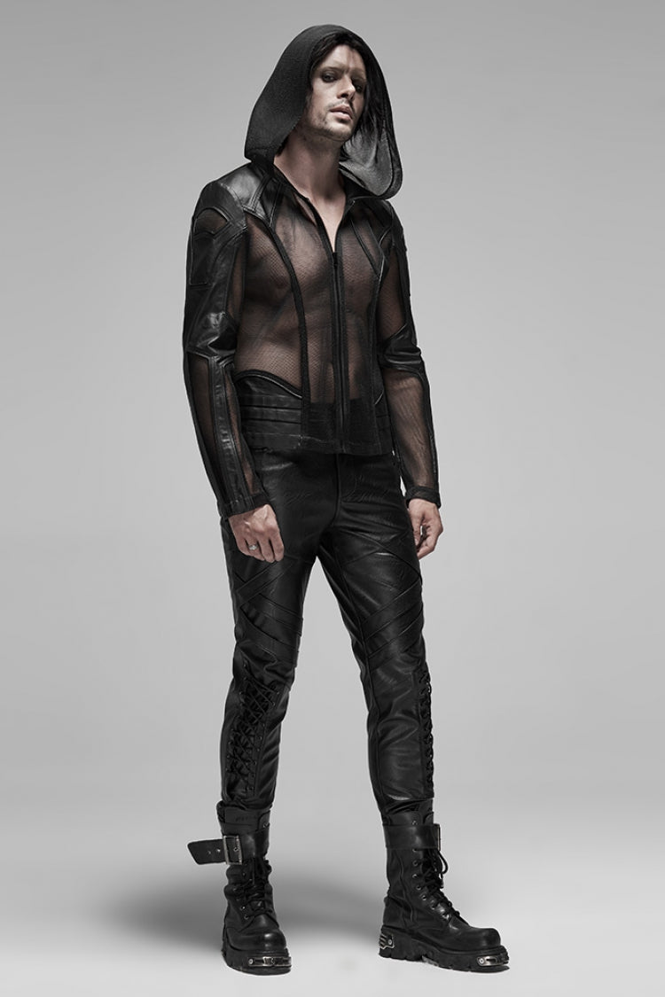 Black Long Sleeves Hooded Mens Translucent Steampunk Coat - Product - 4