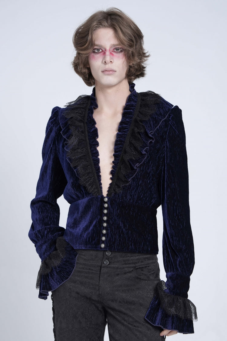 Blue V Collar Long Sleeves Ruffle Stitching Lace Men's Gothic Blouse - Blue - 1