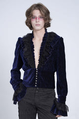 Blue V Collar Long Sleeves Ruffle Stitching Lace Men's Gothic Blouse - Blue - 1