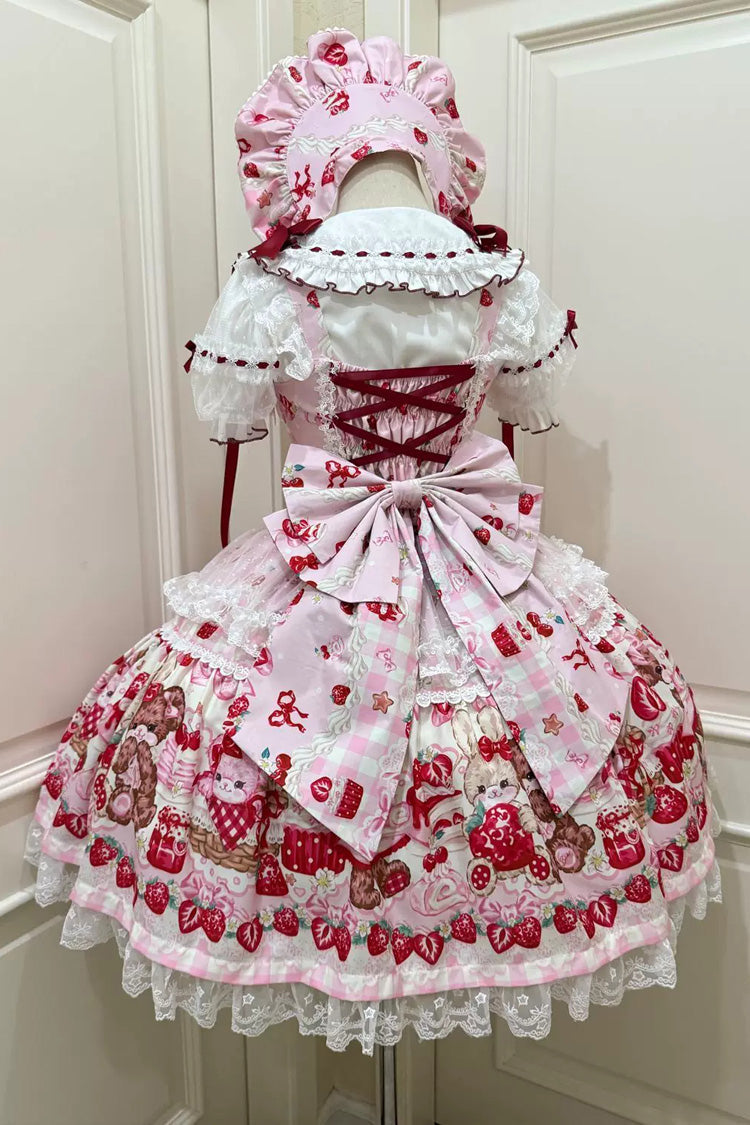 Red/Pink [Sweet Berry Bunny Bear] Printed Bow Lace Lace-Up Sweet Lolita Jsk Dress - Product - 2