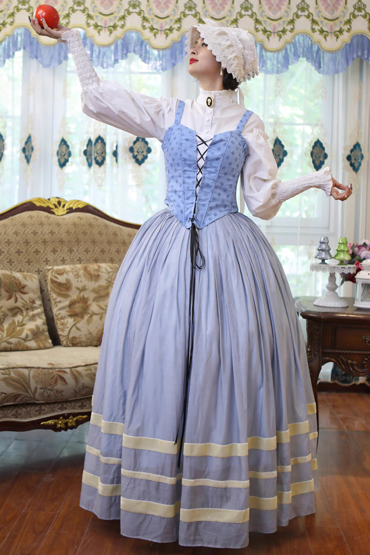 Light Blue [Bashu Girl] Long Puff Sleeves Print Lace-Up Fishbone Corset Sweet Lolita Skirt Dress Three-Piece Set - Light-Blue - 1
