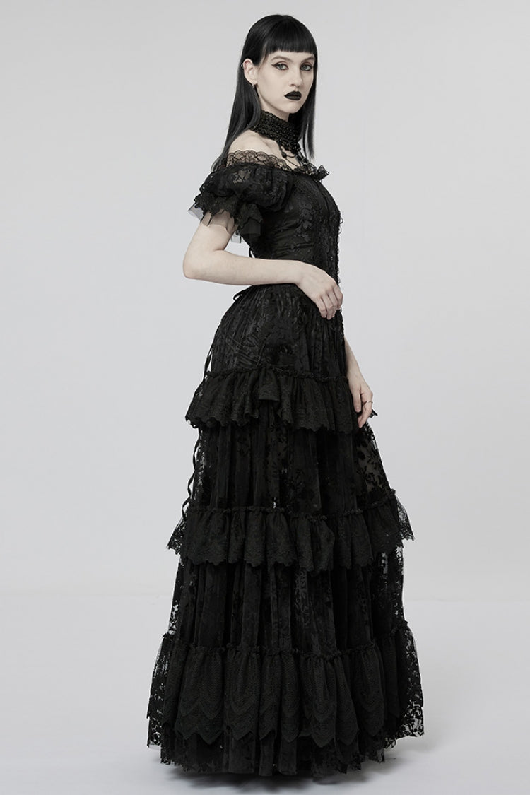 Short Puff Sleeves Print Ruffle Lace Women's Gothic Dress 2 Colors - Product - 2