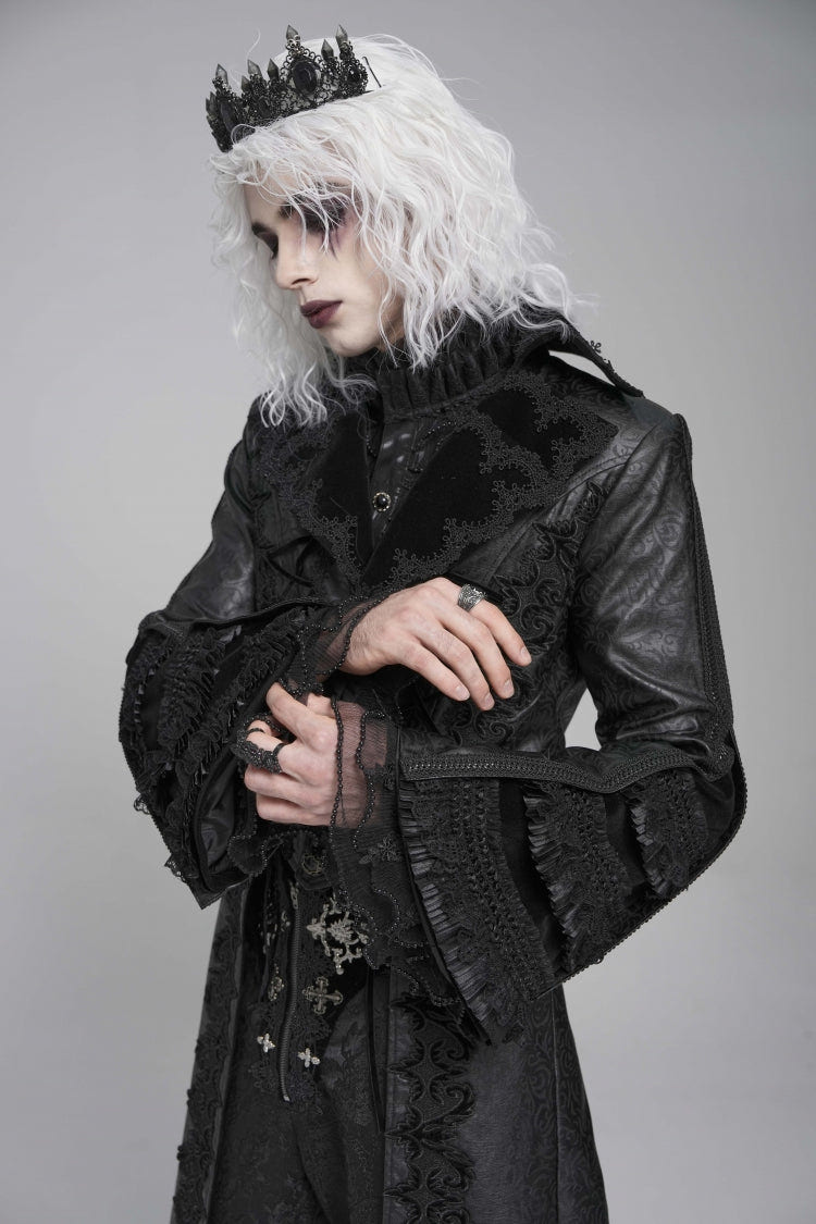 Black Long Trumpet Sleeves Floral Crochet Embroidery Lace-Up Men's Gothic Coat - Product - 10