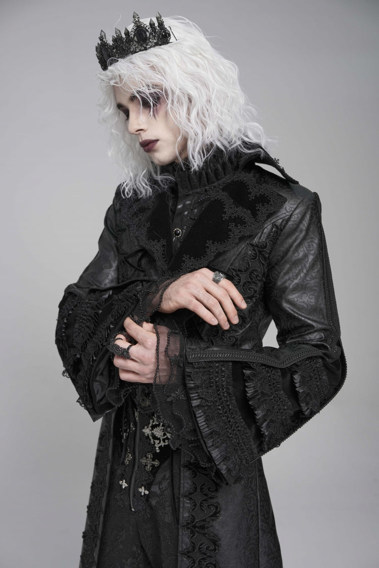 Black Long Trumpet Sleeves Floral Crochet Embroidery Lace-Up Men's Gothic Coat - Product - 10