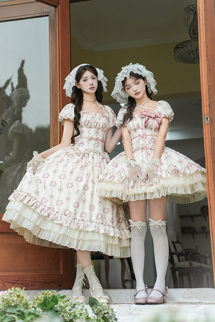 Ivory [Rose After The Rain] Short Sleeves Triple-Layered Print Ruffle Bowknot Lace-Up Sweet Lolita Long Dress - Product - 10