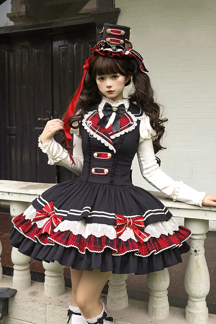 Black [Honor Guard Gala] V Collar Multi-Layered Printed Ruffled Bow Classic Gothic College Style Lolita Jsk Dress - Product - 2