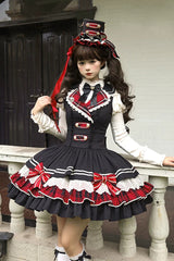 Black [Honor Guard Gala] V Collar Multi-Layered Printed Ruffled Bow Classic Gothic College Style Lolita Jsk Dress - Product - 2