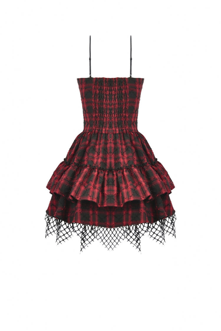 Black/Red Plaid Leather Multi-Layered Ruffled Women's Punk  Sweetcore Slip Dress - Product - 17