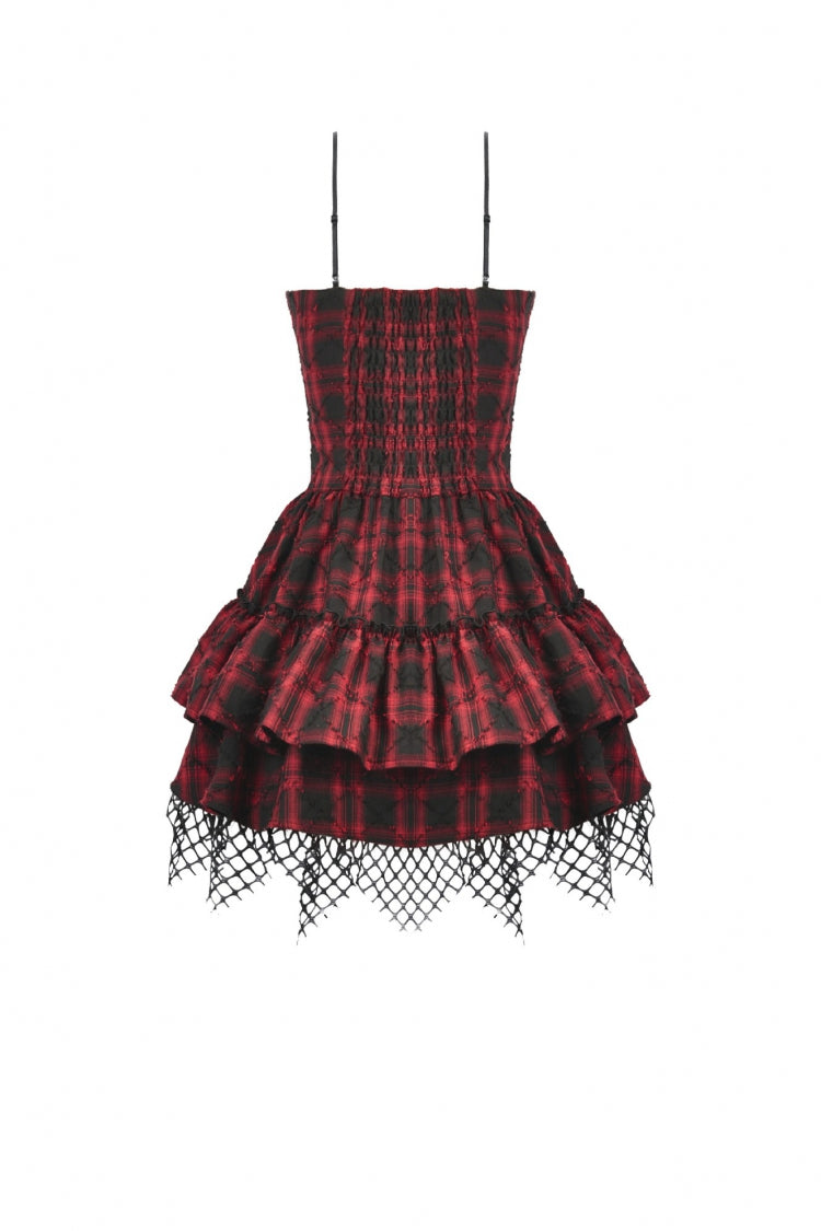 Black/Red Plaid Leather Multi-Layered Ruffled Women's Punk  Sweetcore Slip Dress - Product - 17