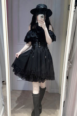 [Highness White Camellia] Off Shoulder Short Sleeves Double-Layered Ruffled Bow Lace Lace-Up Jirai Kei Plus Size Japanese Skirt Blouse Set 2 Colors - Black - 1