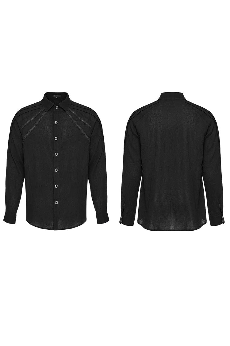 Black Lapel Collar Long Sleeves Metal Buttons Webbing Decoration Mens Gothic Blouse - Product - 5