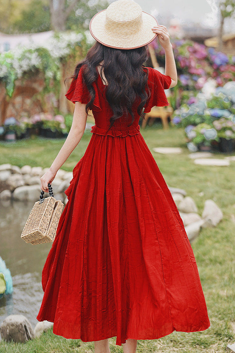 Red Square Collar Halterneck Short Sleeves High Waisted Ruffled Gothic Vintage Lolita Long Skirt Set - Product - 3