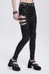 Black Print Cutout Buckle Women's Gothic Pants - Product - 7