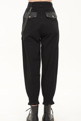 Black Punk Cutout Leather Splicing Detachable Metal Chain Women's Long Pants - Product - 5