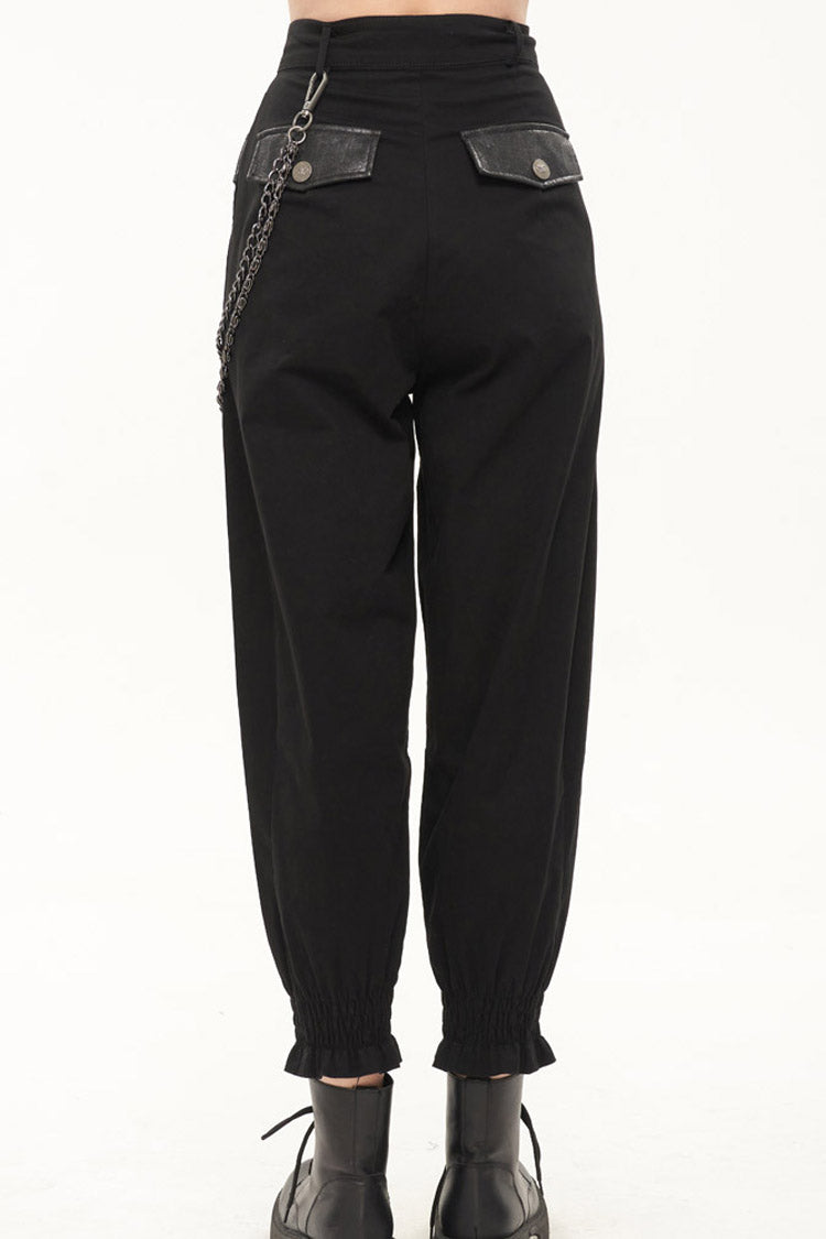 Black Punk Cutout Leather Splicing Detachable Metal Chain Women's Long Pants - Product - 5