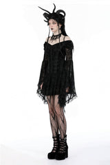 Black Off Shoulder Long Trumpet Sleeves Velvet Spliced Mesh Women's Gothic Graduation Dress - Product - 11