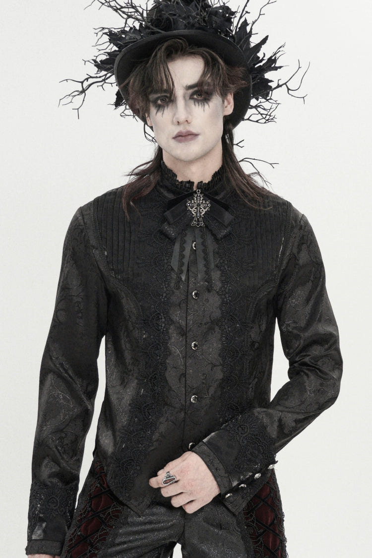 Black Stand Collar Long Sleeves Jacquard Embroidered Bow Lace Men's Gothic Palace Shirt - Product - 12