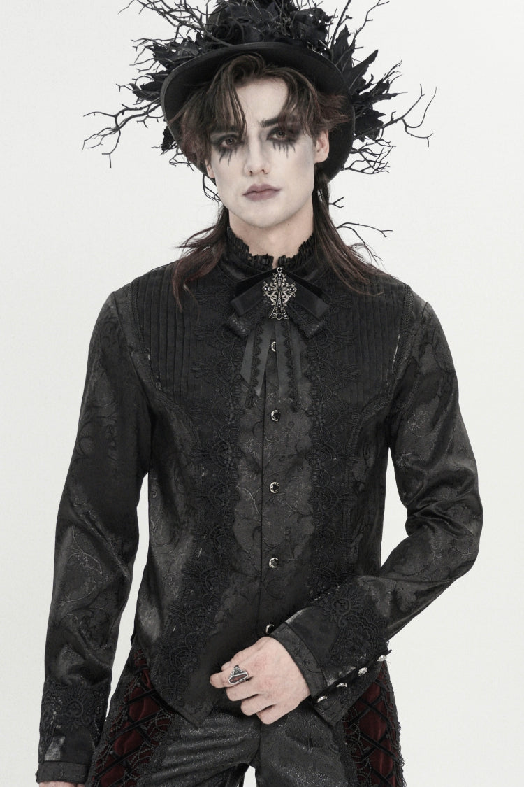 Black Stand Collar Long Sleeves Jacquard Embroidered Bow Lace Men's Gothic Palace Shirt - Product - 12